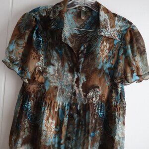 Serenade Womens M Brown Blue Paisley Boho Button Down Sheer Shirt Cowgirl